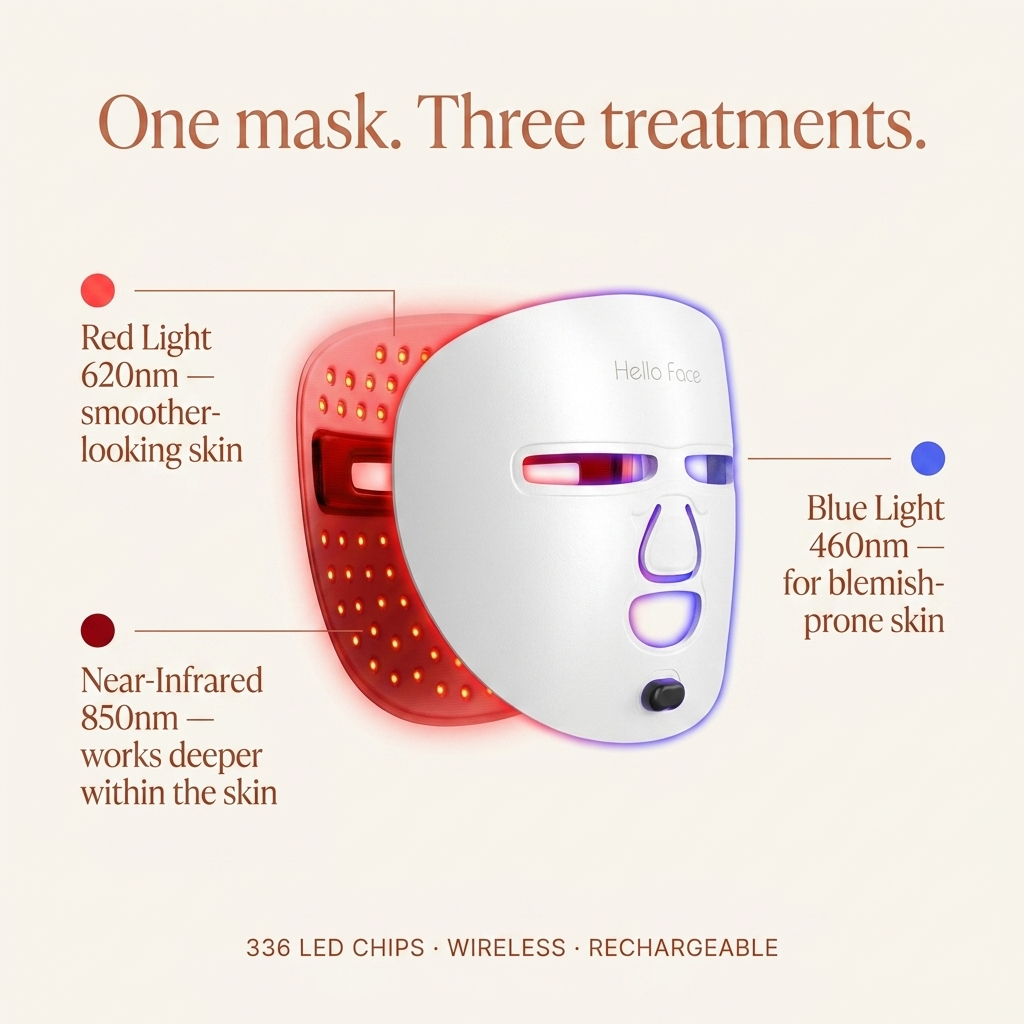 One mask. Three treatments. Red 620nm, Near-Infrared 850nm, Blue 460nm