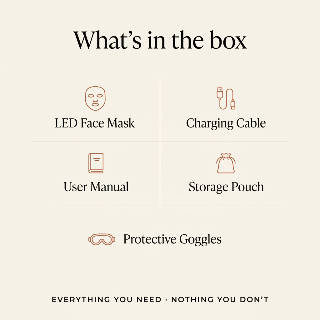What's in the box — Luventa LED Mask complete package