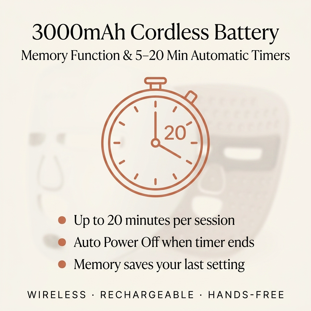 3000mAh cordless battery — Memory function, 5-20 min automatic timer