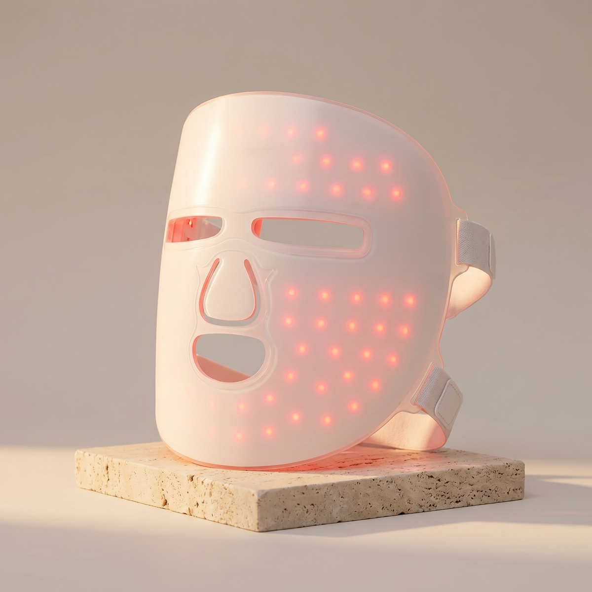 Luventa LED light therapy face mask on travertine stone